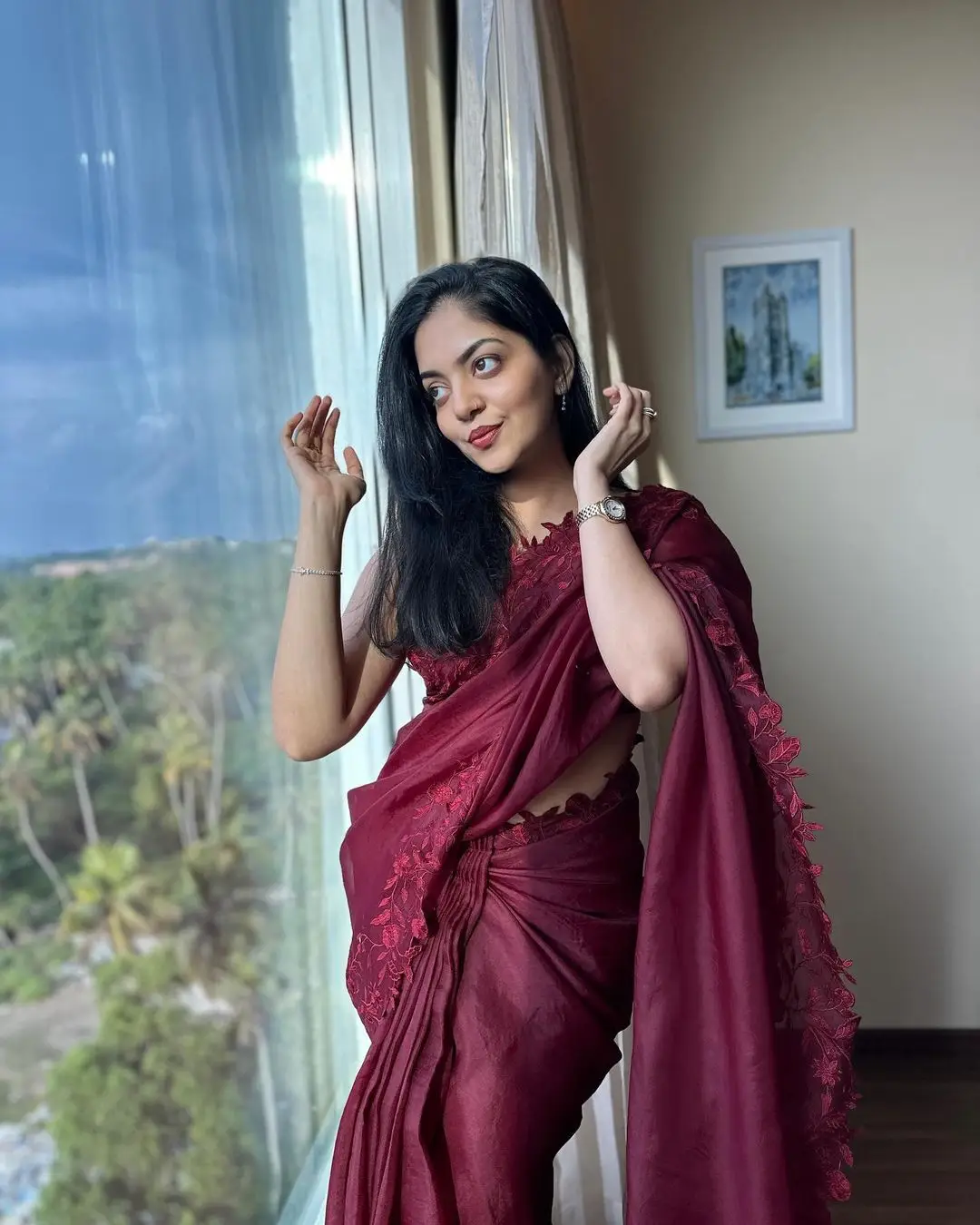 Ahaana Krishna in Maroon Saree Sleeveless Blouse